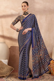 Berry Blue Premium Modal Ajrakh Satin Saree With Artistic Buti & Mirror Work