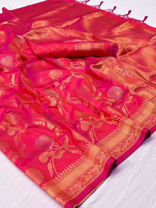 Pink Zari Woven Banarasi Saree with Floral Border
