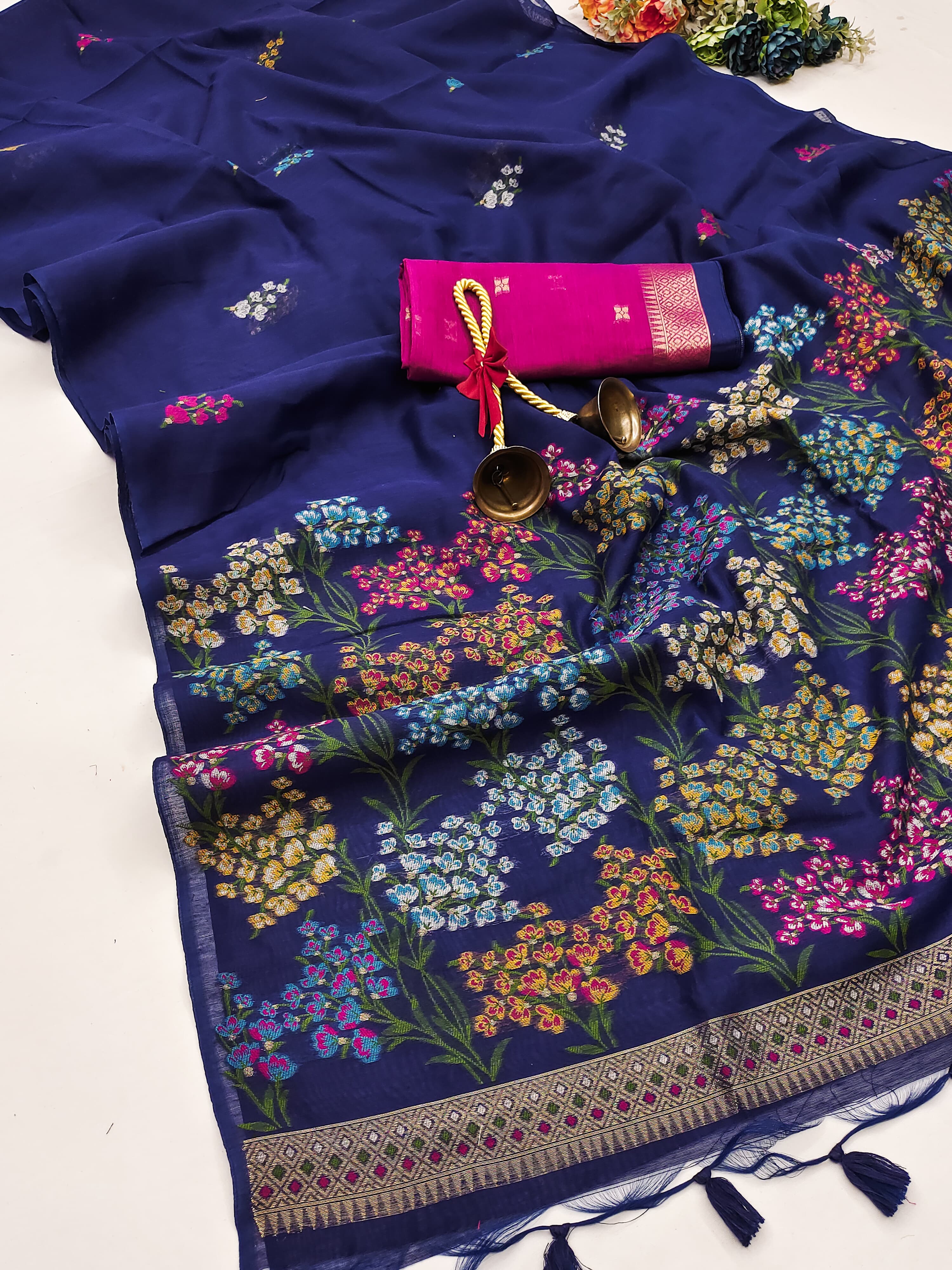 Navy Blue Handloom Cotton Soft Silk Saree With Blouse