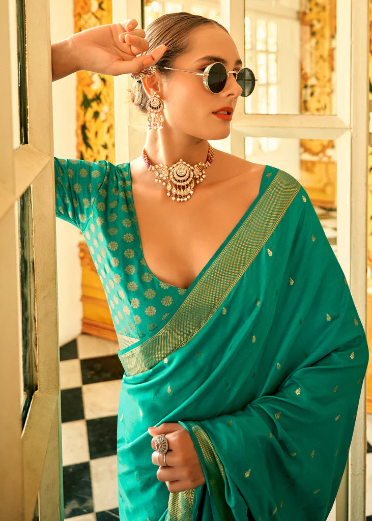 Aqua Green Traditional Banarasi Satin Silk Saree