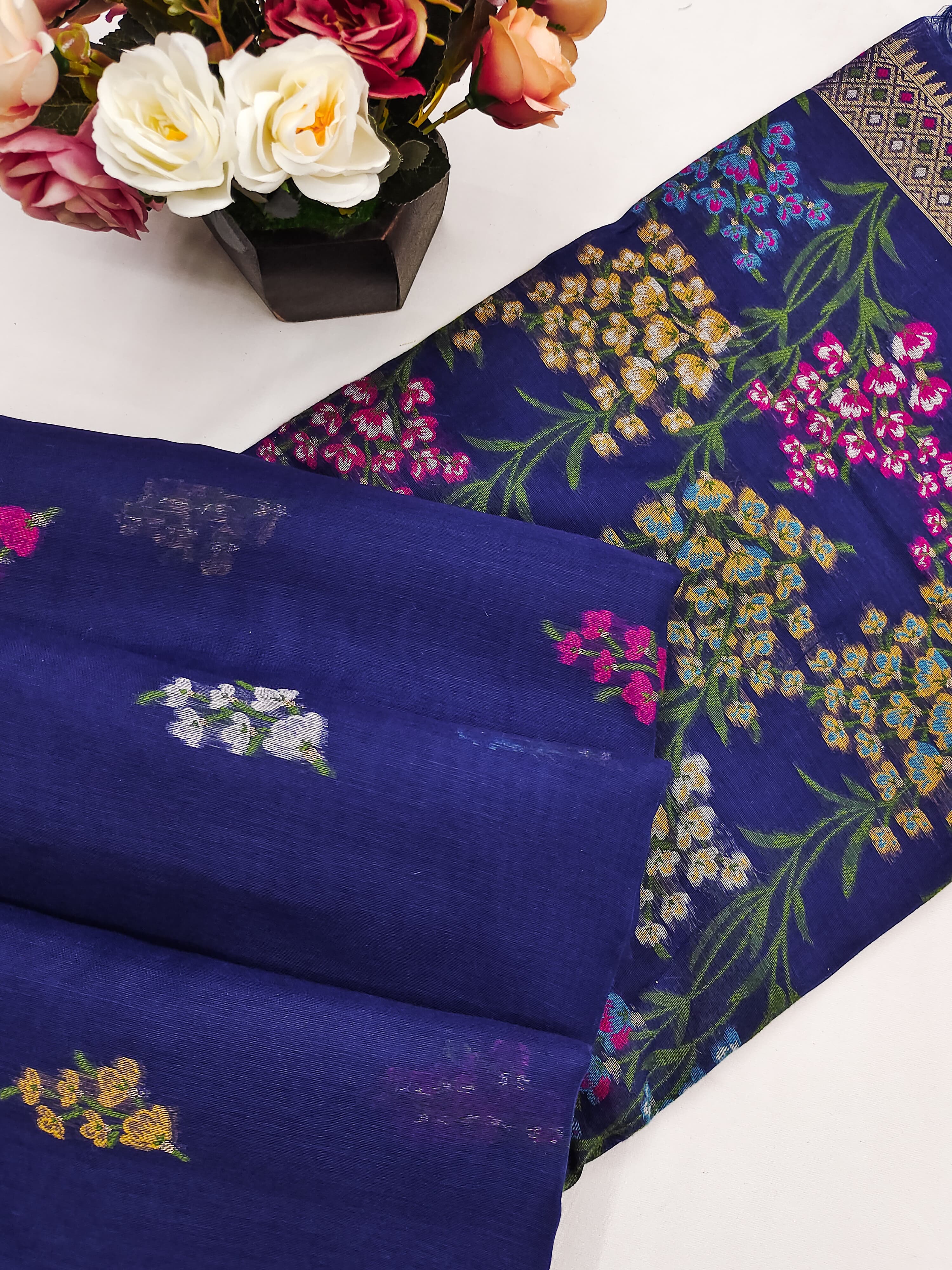 Navy Blue Handloom Cotton Soft Silk Saree With Blouse