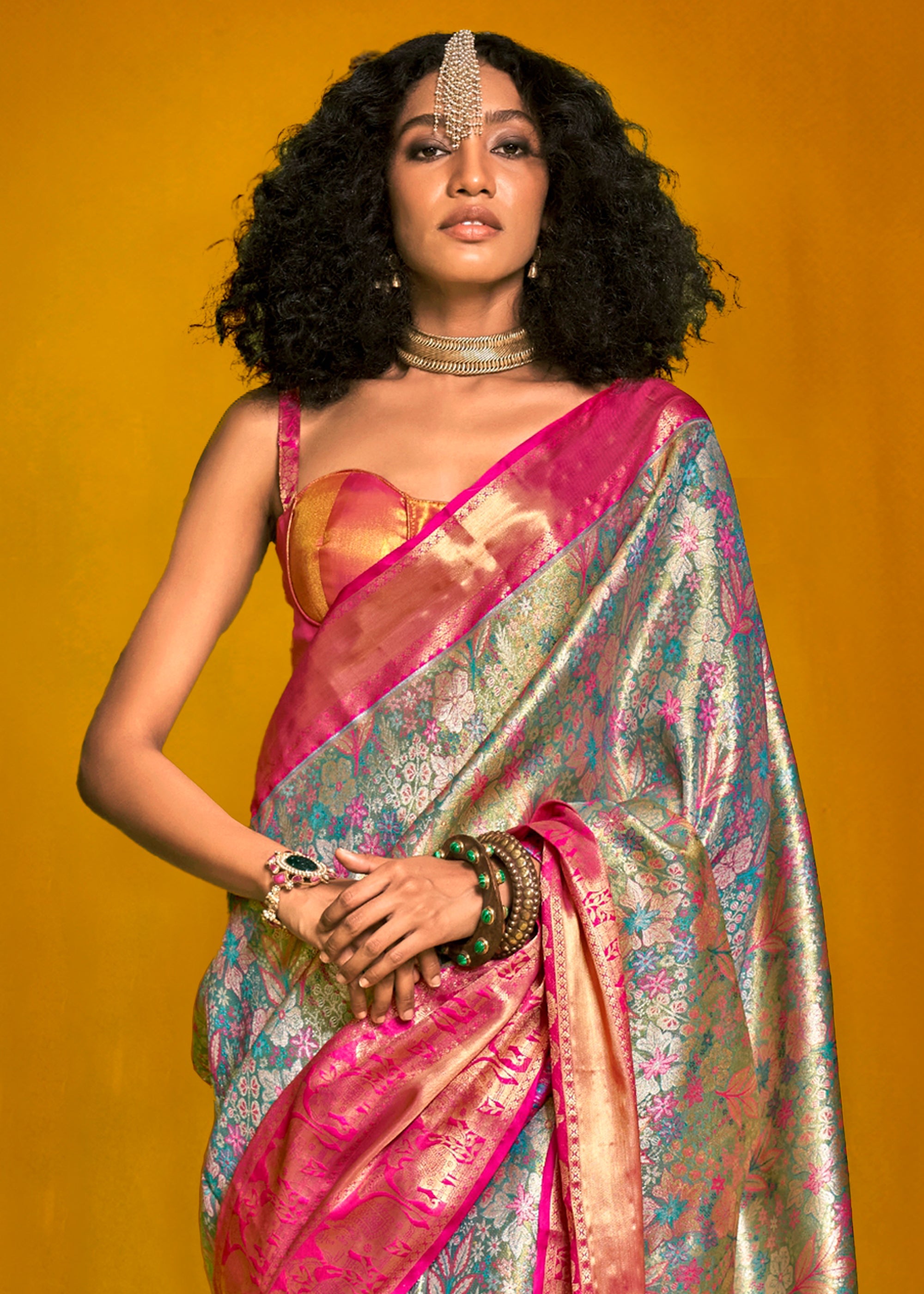 Sky Blue And Pink Dual Tone Woven Kanjivaram Silk Saree