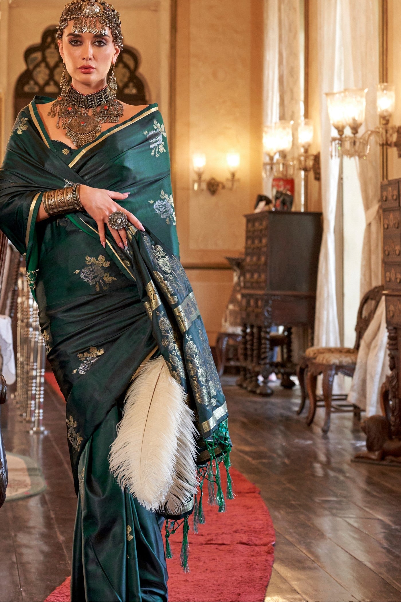 Jungle Green Banarasi Satin Soft Silk Saree