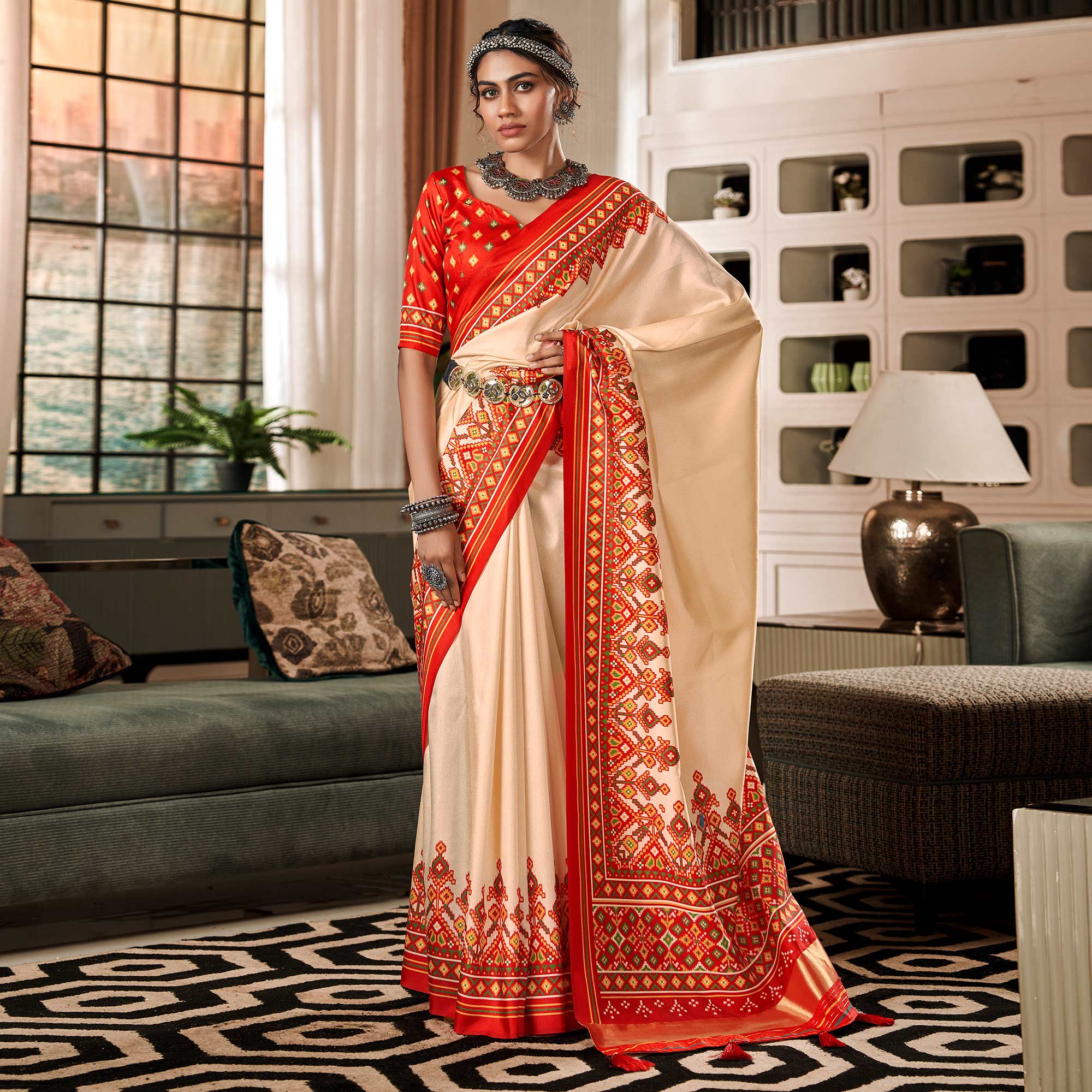 Red And Cream Tussar Patola Silk Saree