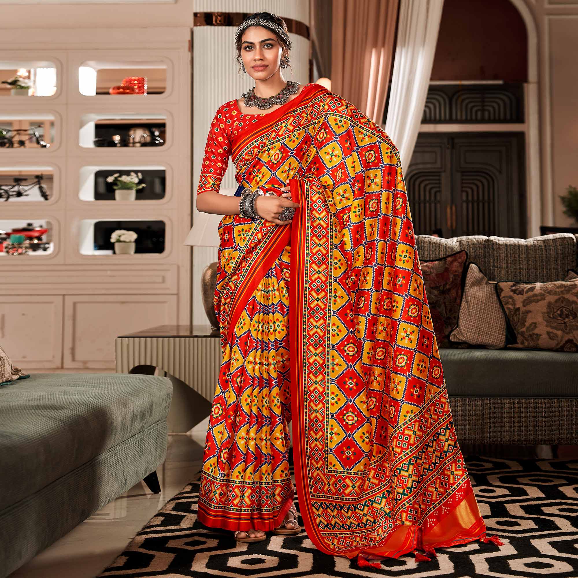 Red And Yellow Tussar Patola Silk Saree