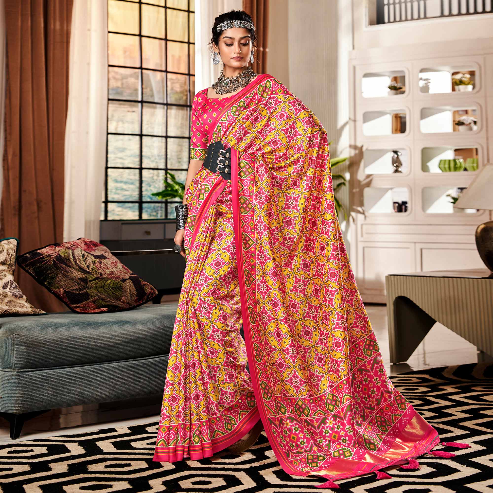 Pink And Mustard Tussar Patola Silk Saree