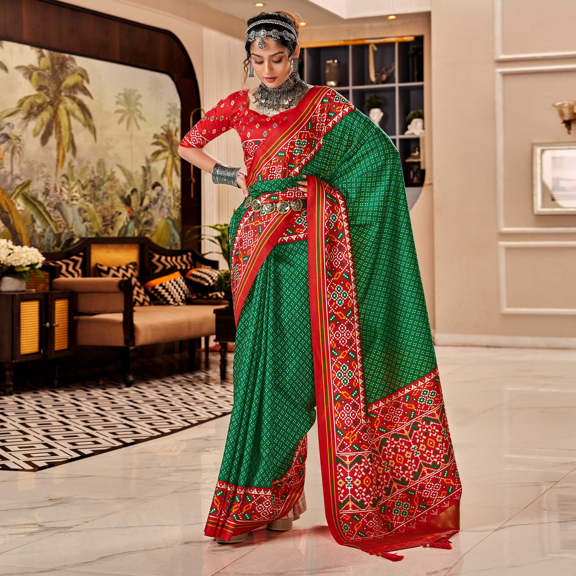 Maroon And Green Tussar Patola Silk Saree