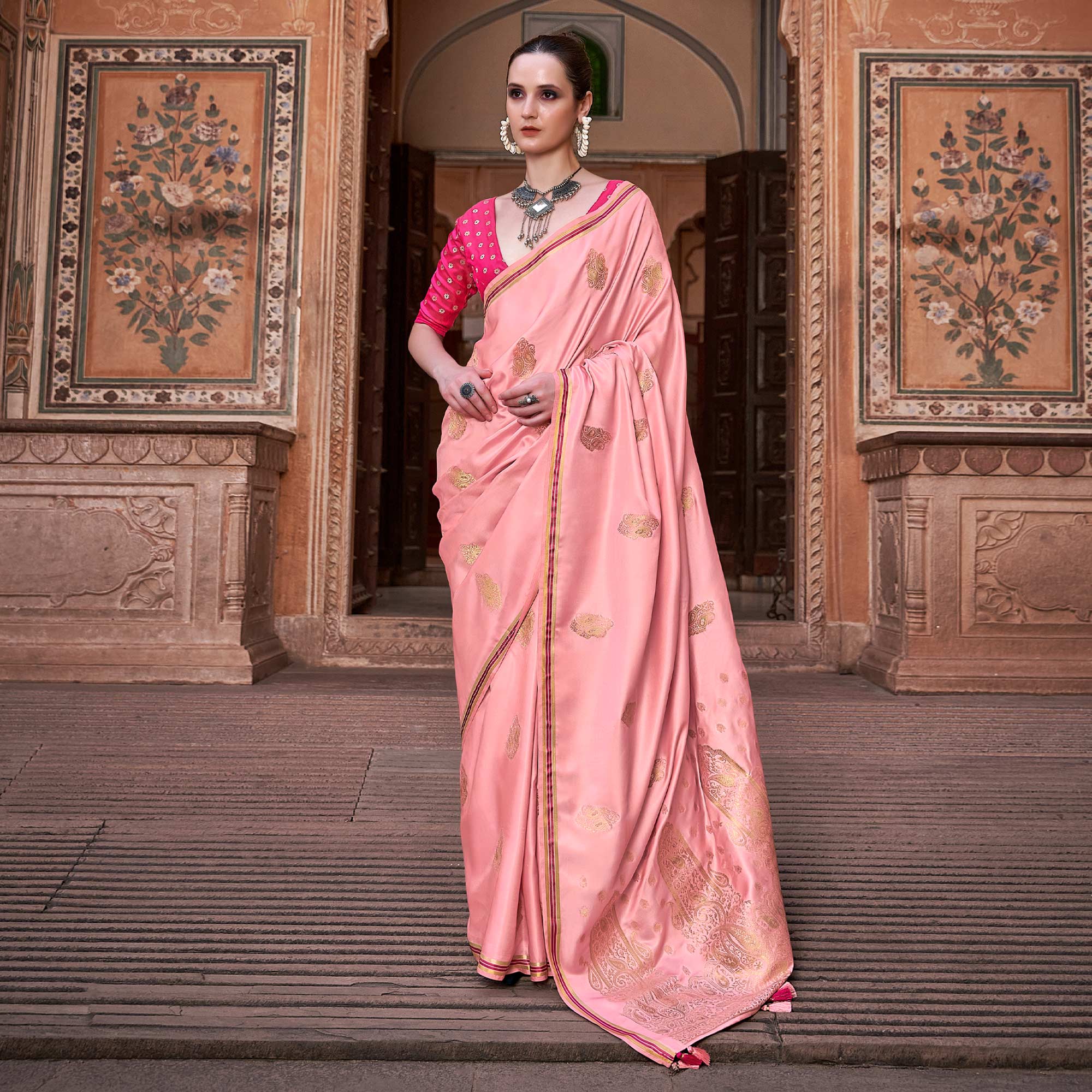 Pink Satin Silk Saree With Tassels