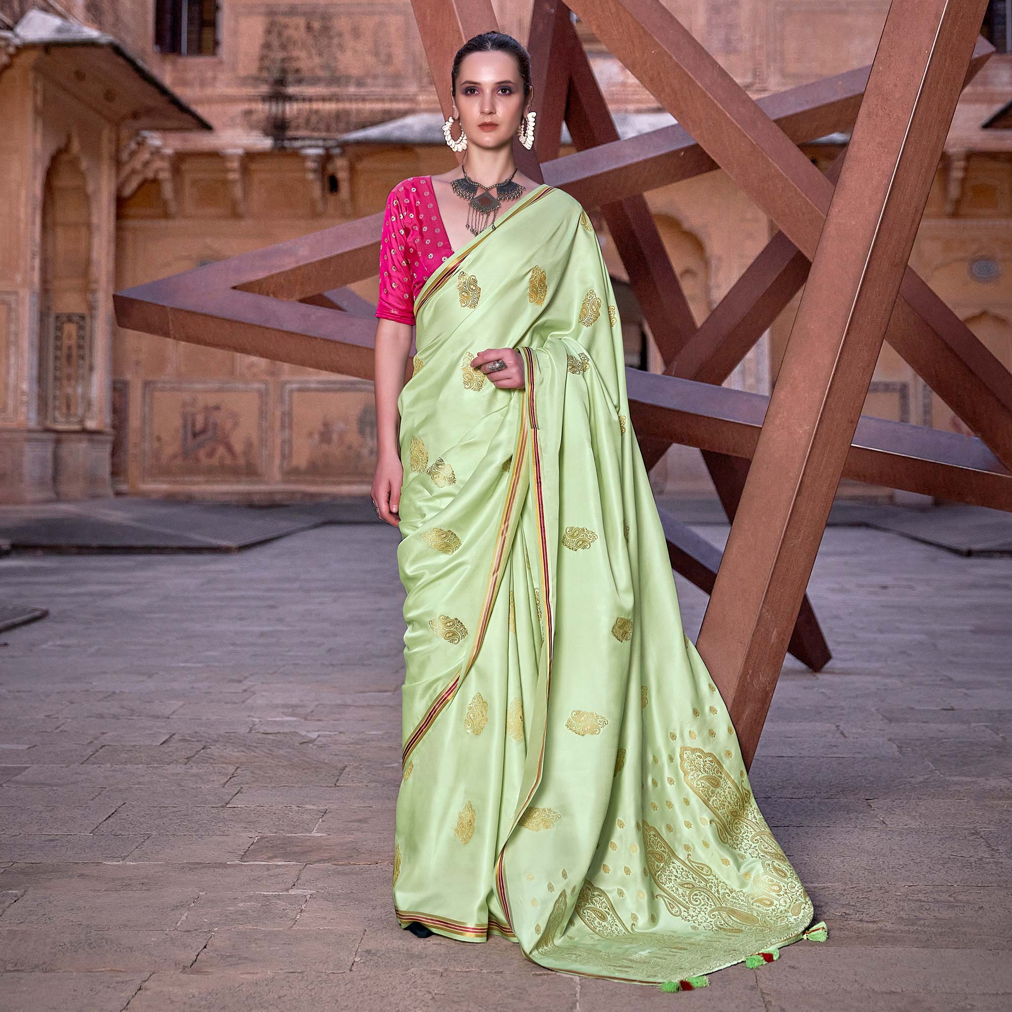 Green Satin Silk Saree With Tassels