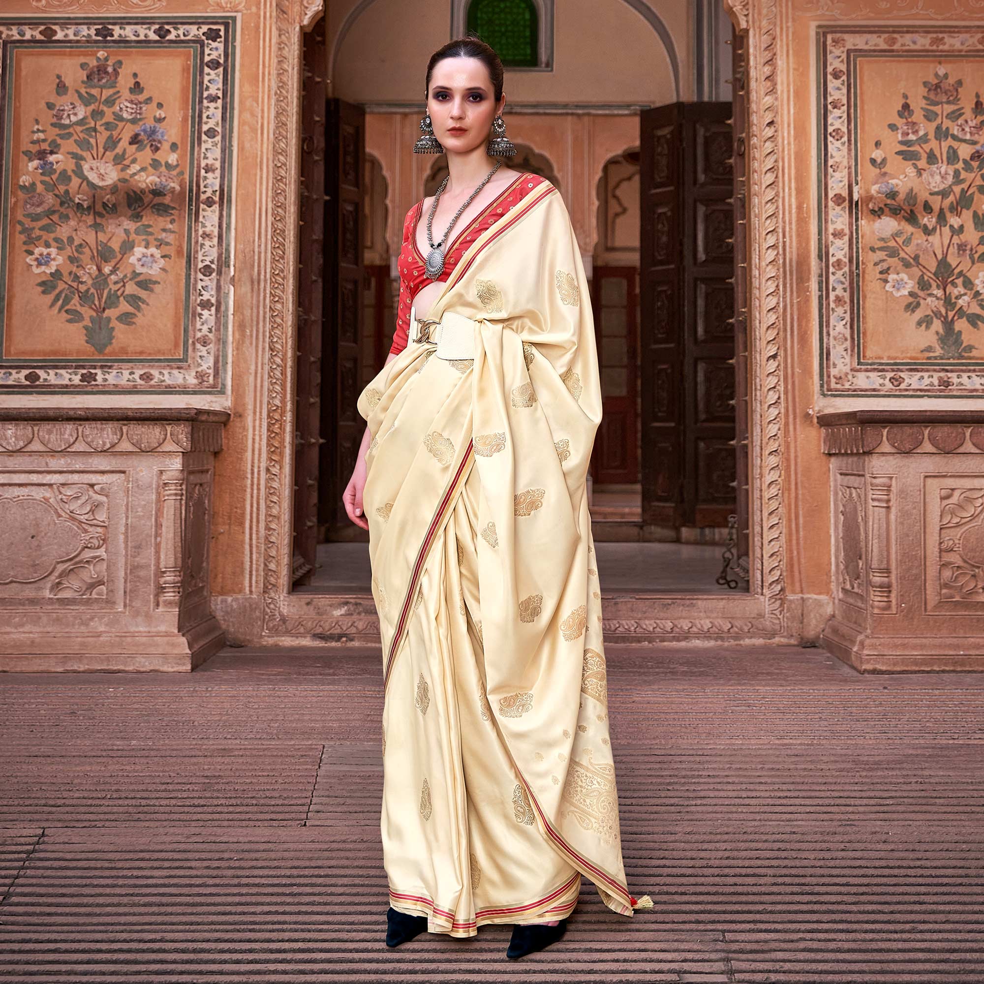 Cream Satin Silk Saree With Tassels