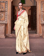 Cream Satin Silk Saree With Tassels