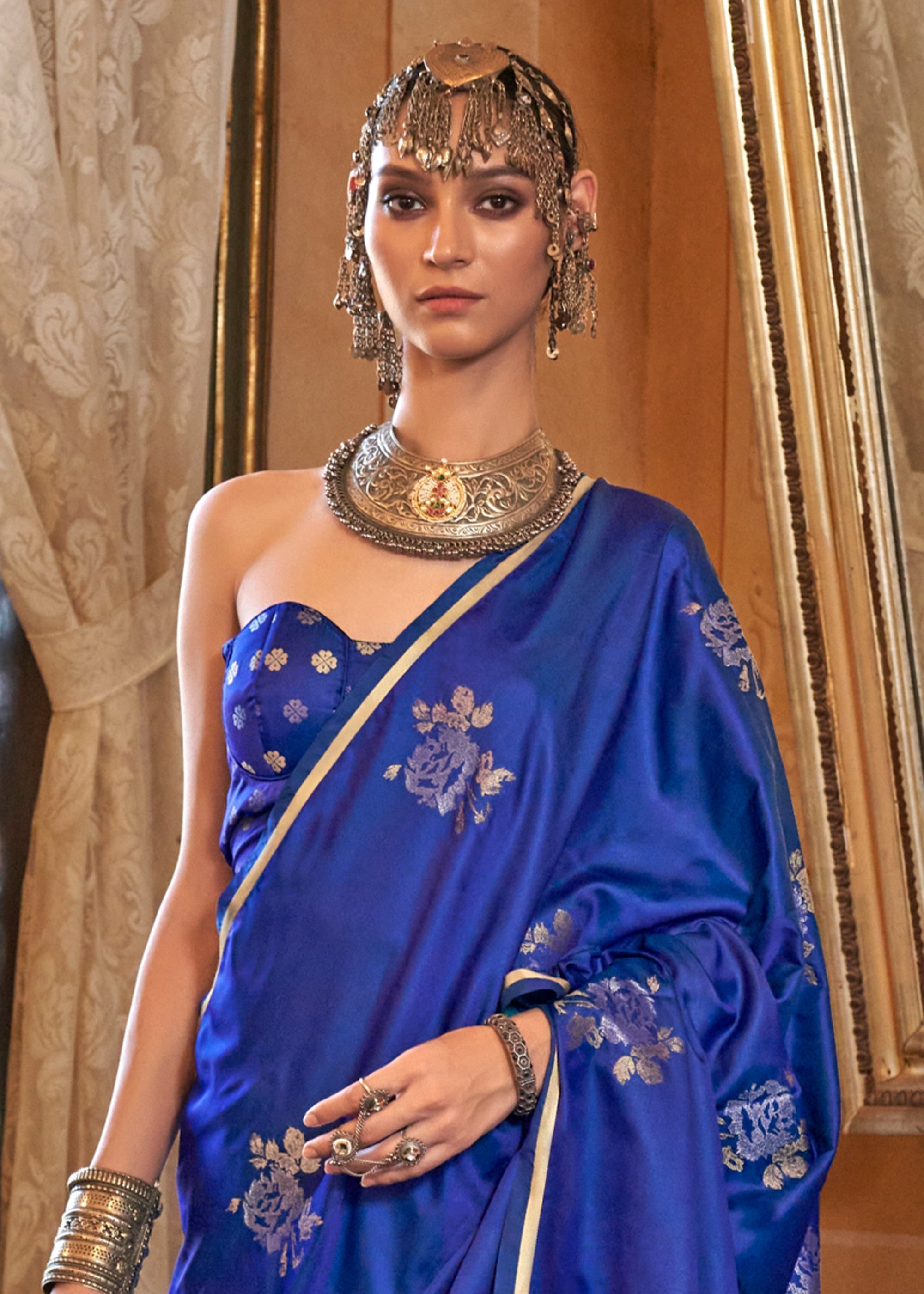 Nautical Blue Banarasi Satin Soft Silk Saree