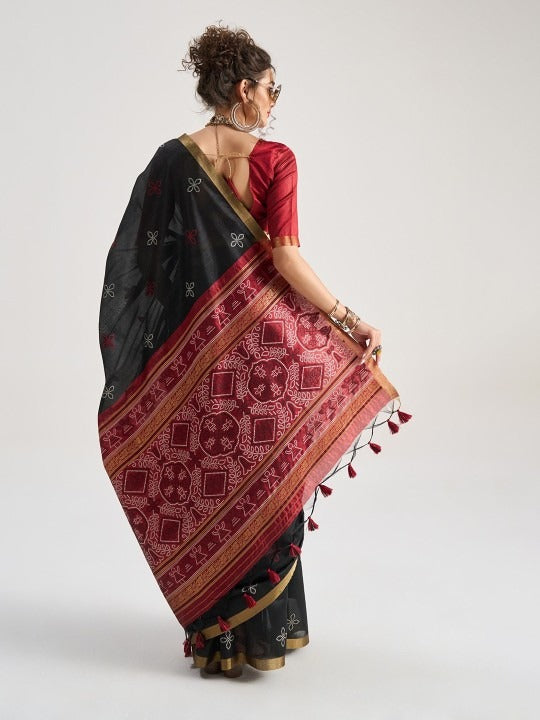 Charcoal Black Patola Handloom Saree With Fancy Blouse