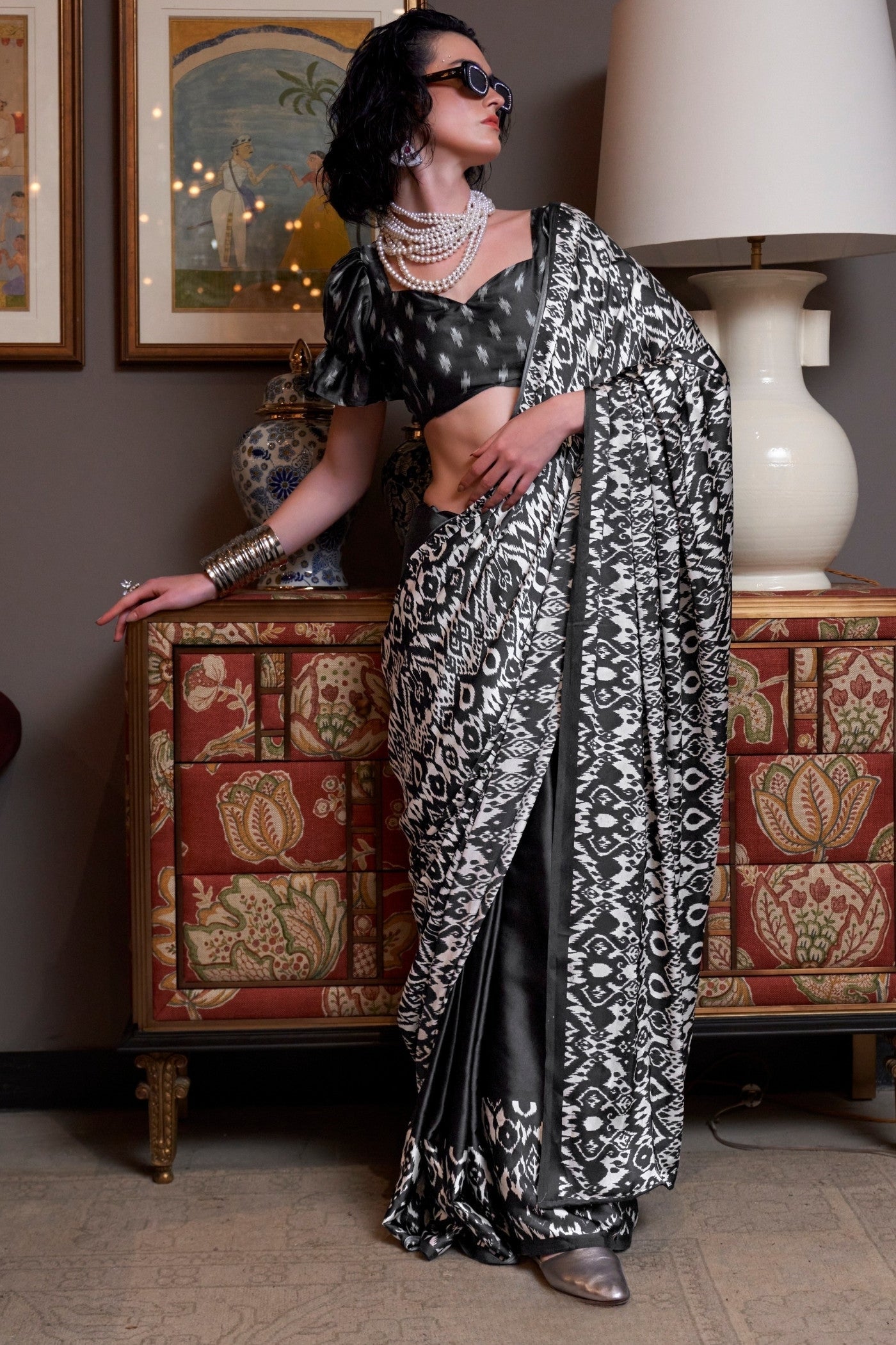 Black Ajrakh Patola Printed Satin Crepe Saree