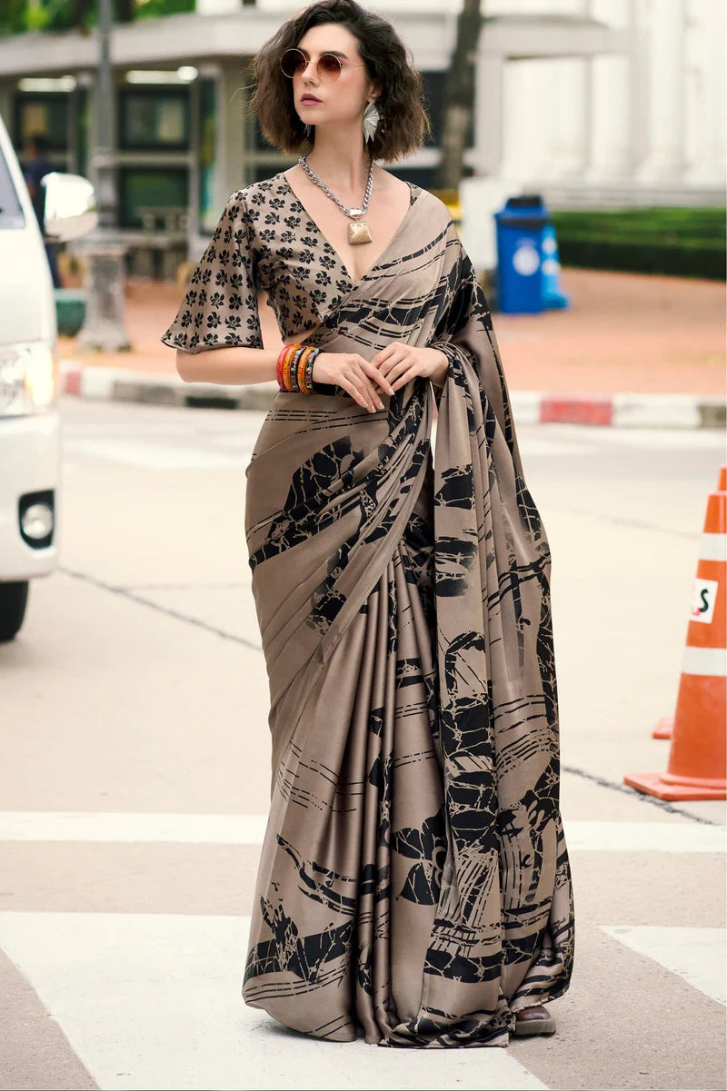 Luxurious Brown Printed Satin Modal Silk Sarees R2