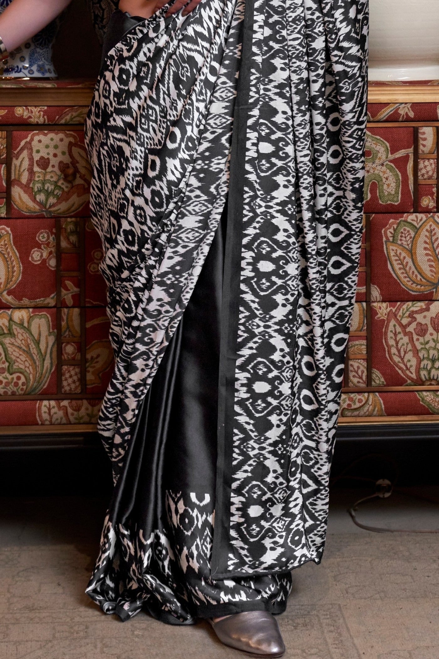 Black Ajrakh Patola Printed Satin Crepe Saree