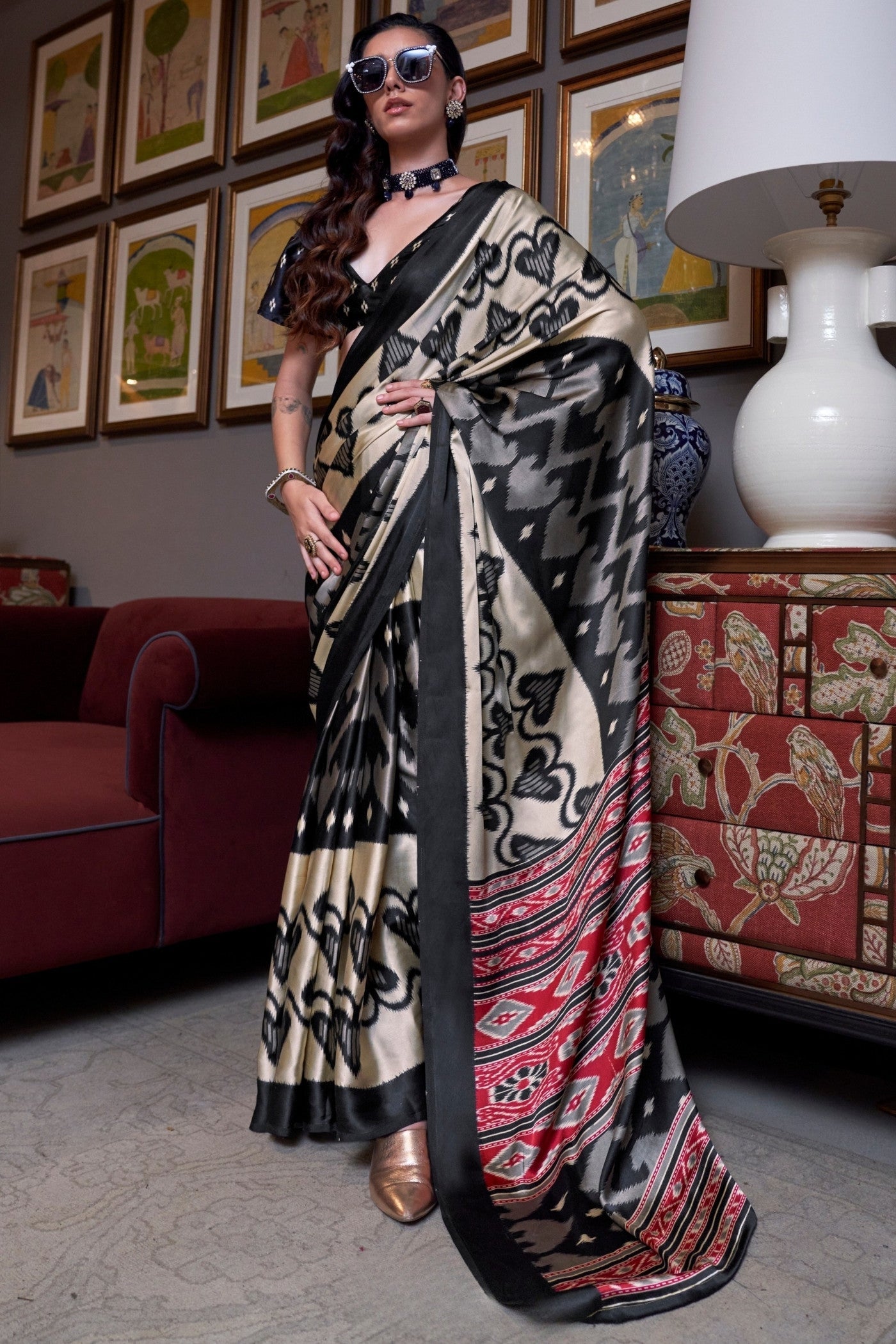 Rich Black Ajrakh Patola Printed Satin Crepe Saree