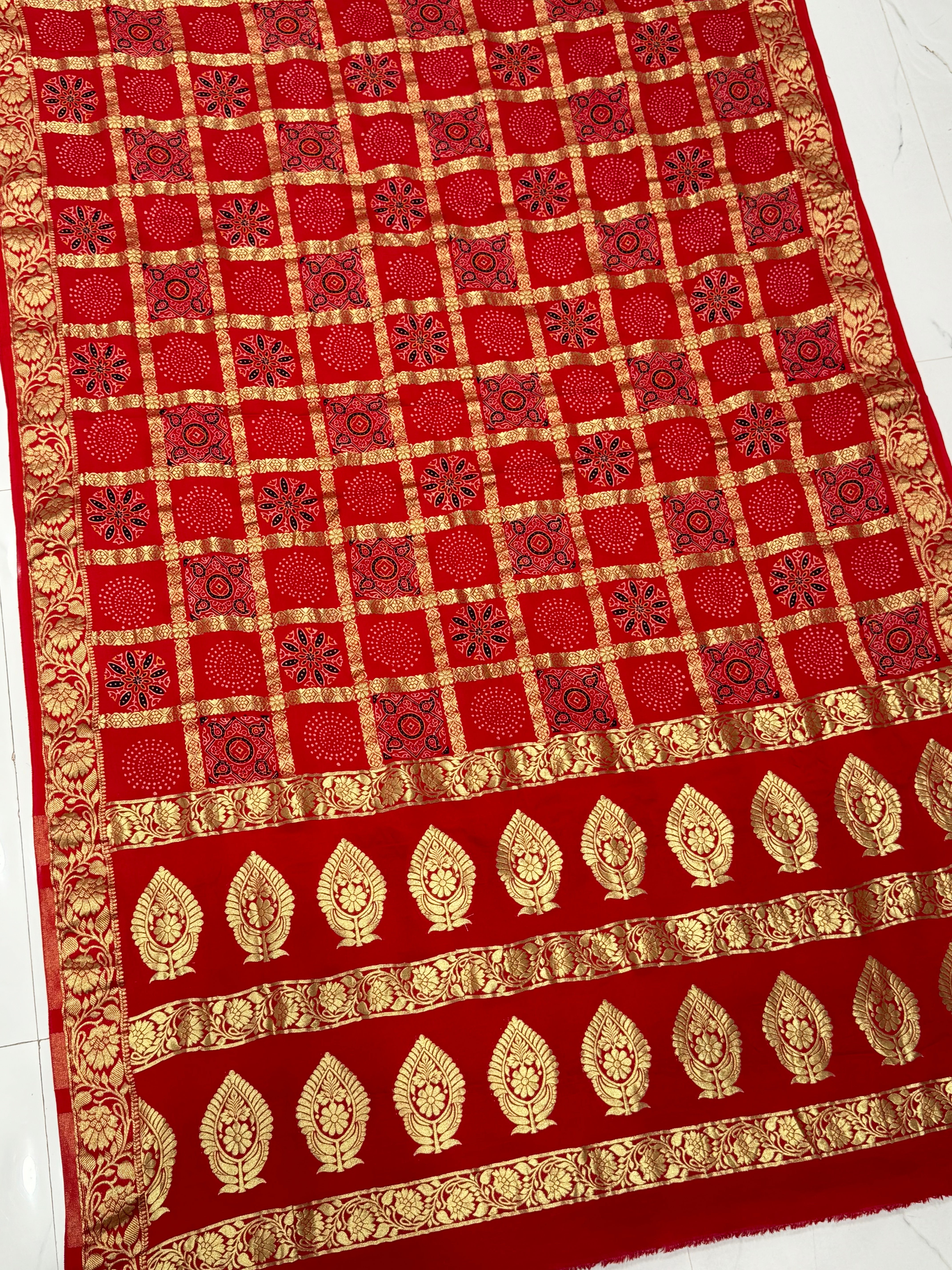 Scarlet Red Gharchola Nakshi Chex Ajrakh Saree