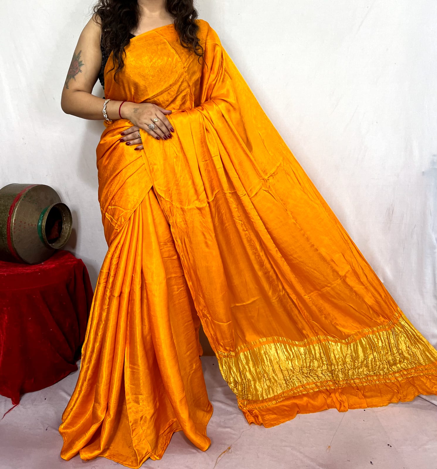 Orange Plain Pure Modal Gajji Silk Saree With Zari Pallu Natural dyeing Saree