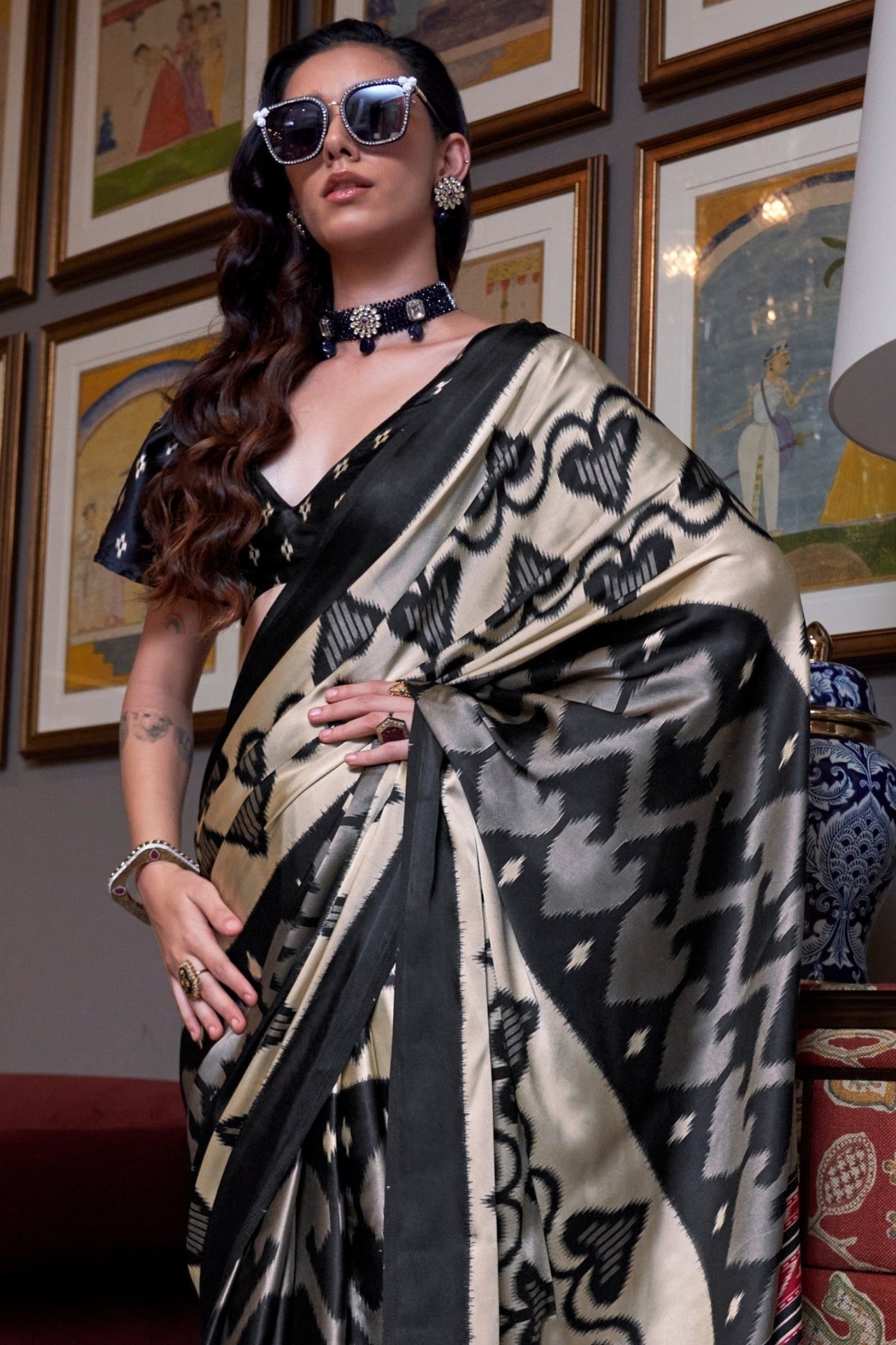 Rich Black Ajrakh Patola Printed Satin Crepe Saree