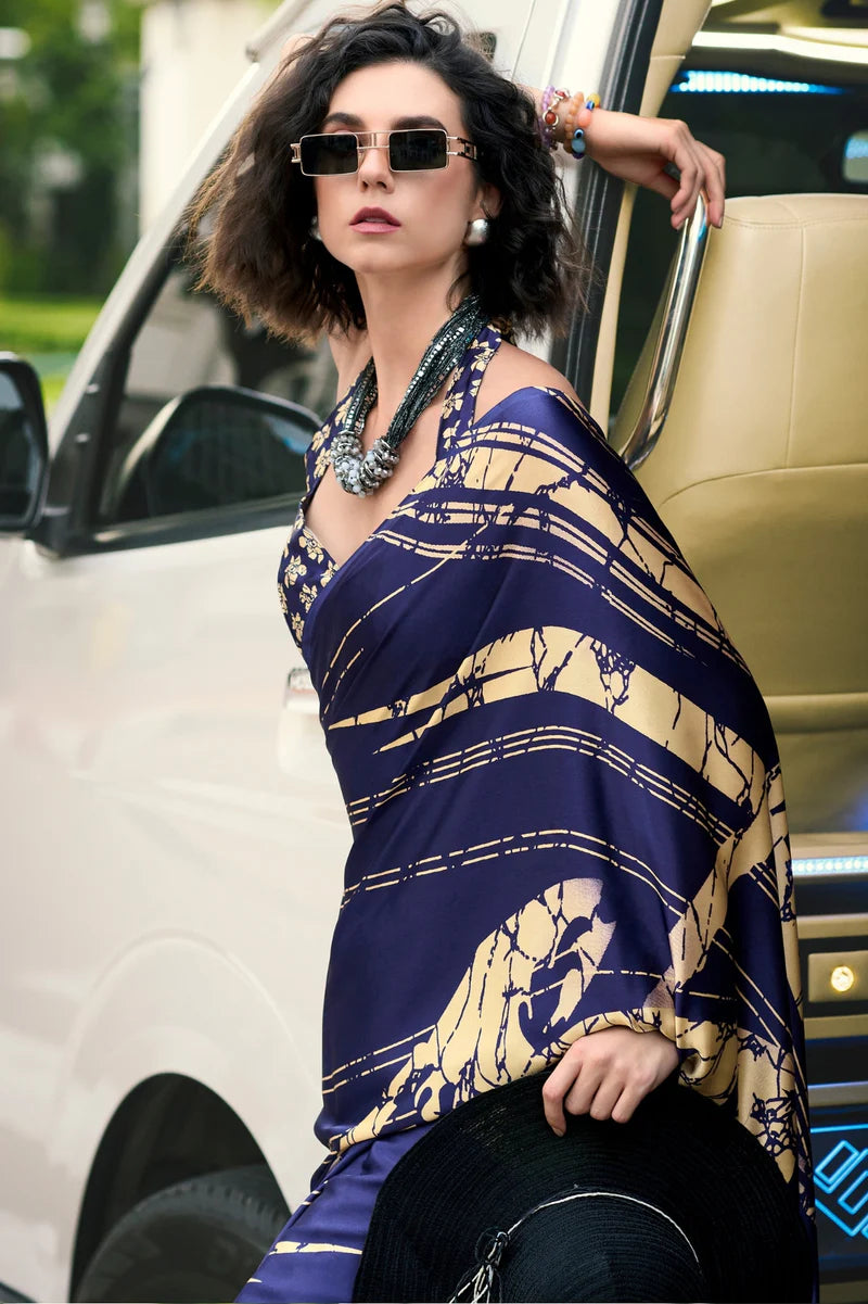 Blue Fancy Printed Satin Modal Silk Sarees R2