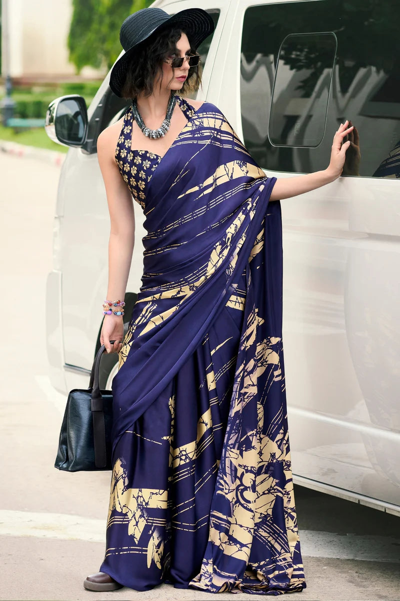 Blue Fancy Printed Satin Modal Silk Sarees R2