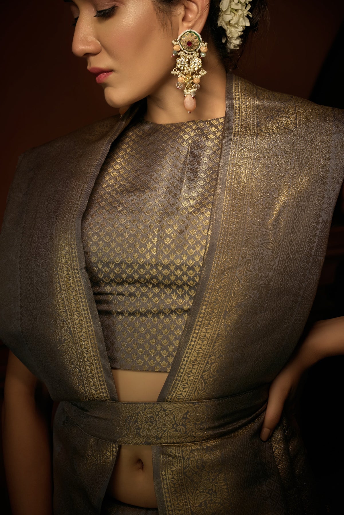 Platinum Grey Golden Zari Kanjeevaram Silk Saree