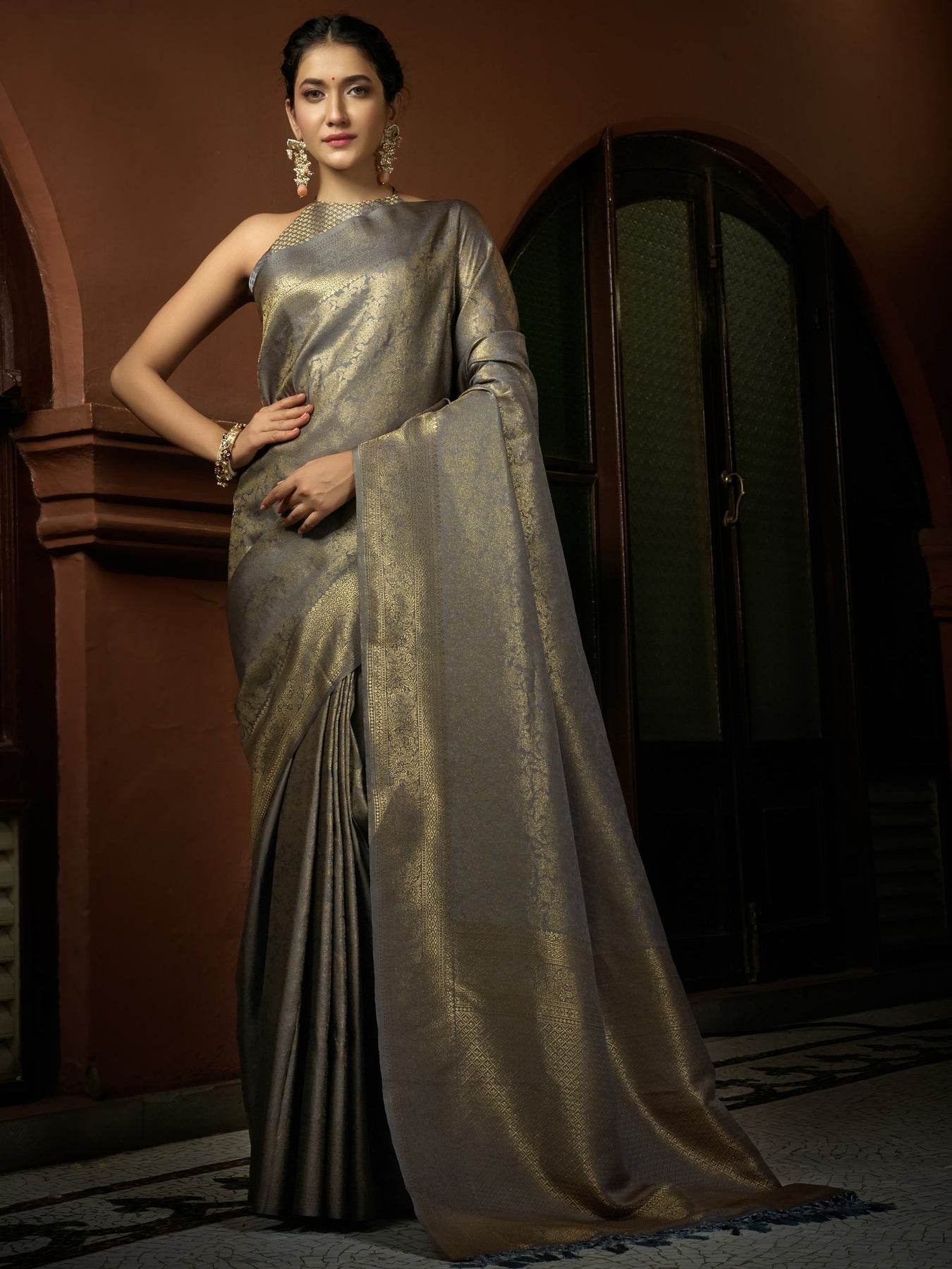 Platinum Grey Golden Zari Kanjeevaram Silk Saree