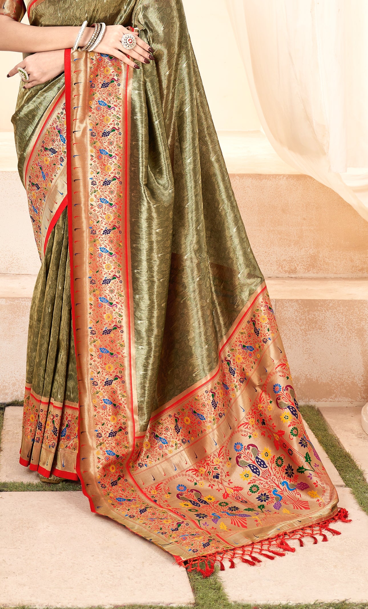 Limed Green Weaving Paithani Tissue Silk Saree RP6