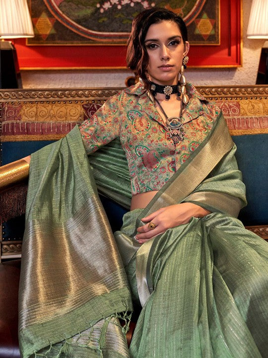 Olive Green Woven Moss Chiffon Handloom Weaving Silk Saree