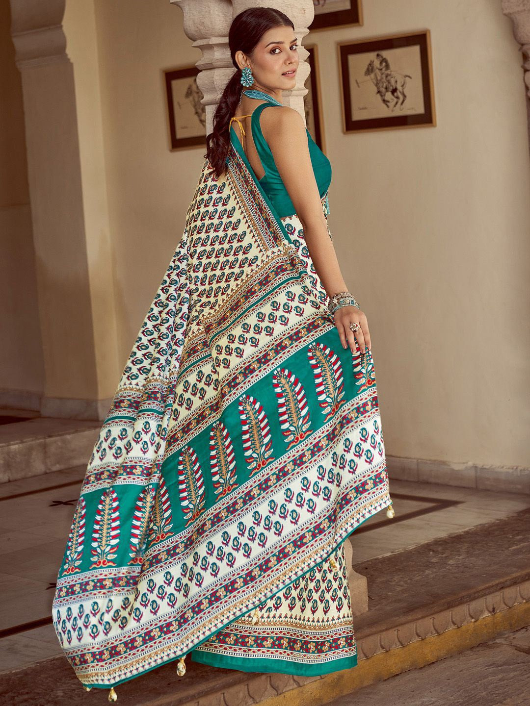 Snowy White New Ajrakh Printed Satin Crepe Saree