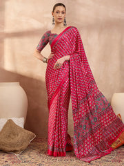 Dusty Pink Premium Modal Ajrakh Satin Saree With Artistic Buti & Mirror Work