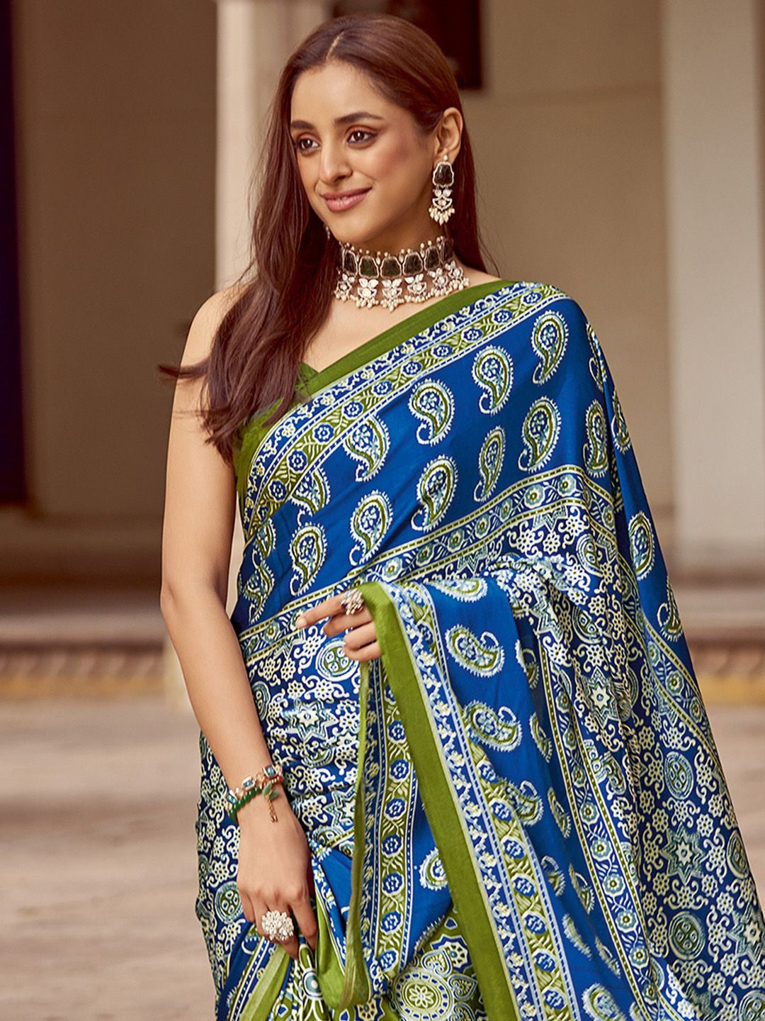 Blue New Ajrakh Printed Satin Crepe Saree