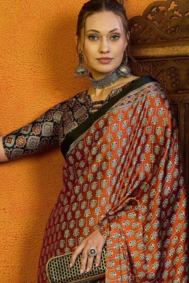 Brown Printed Ajrakh Satin Crepe Saree A2