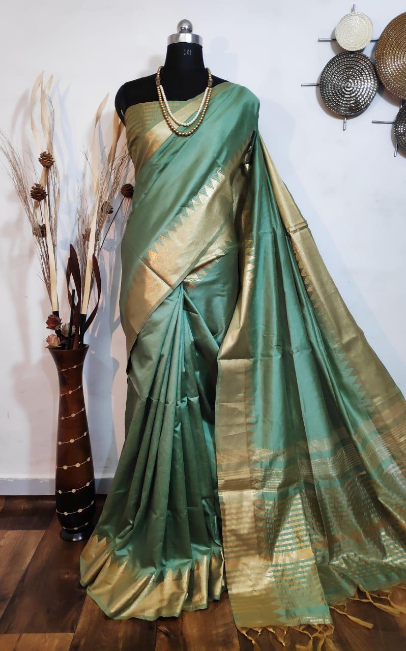 Marrs Green Woven Moss Chiffon Handloom Weaving Silk Saree