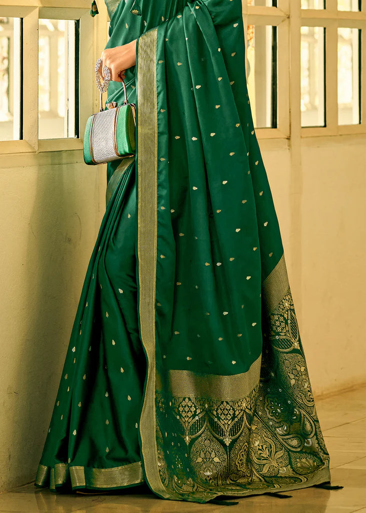 Dark Green Traditional Banarasi Satin Silk Saree