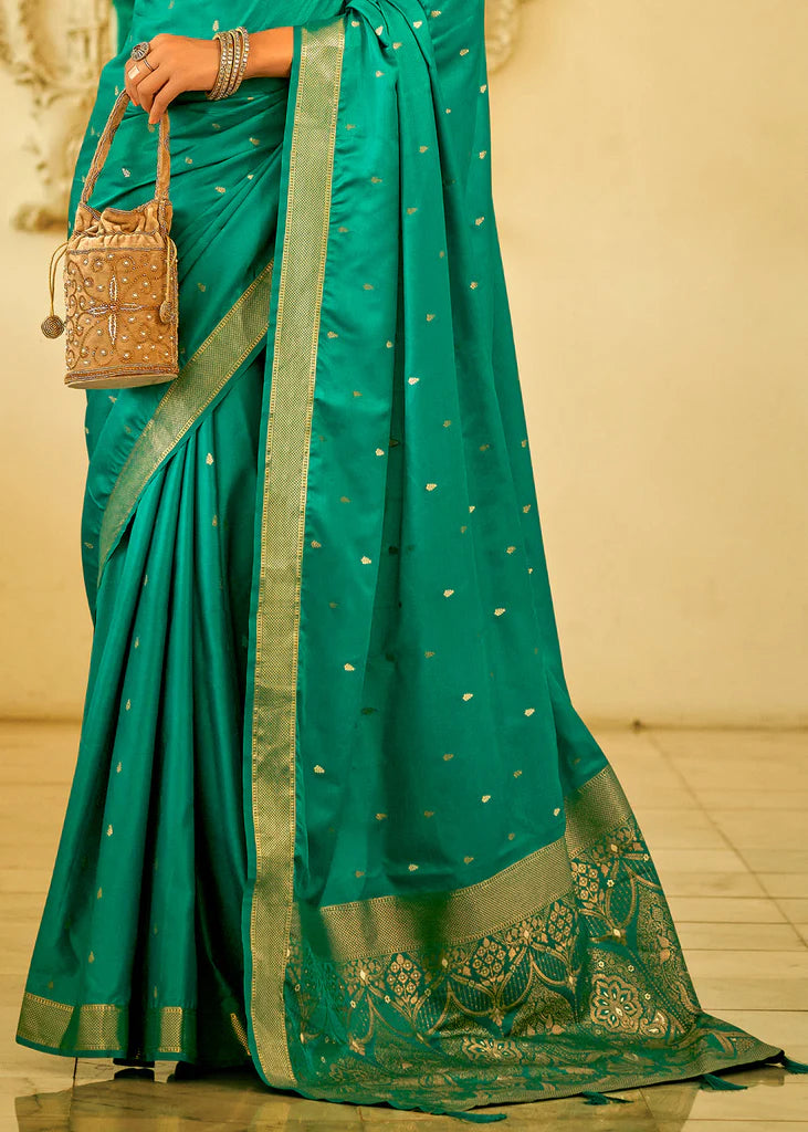 Aqua Green Traditional Banarasi Satin Silk Saree