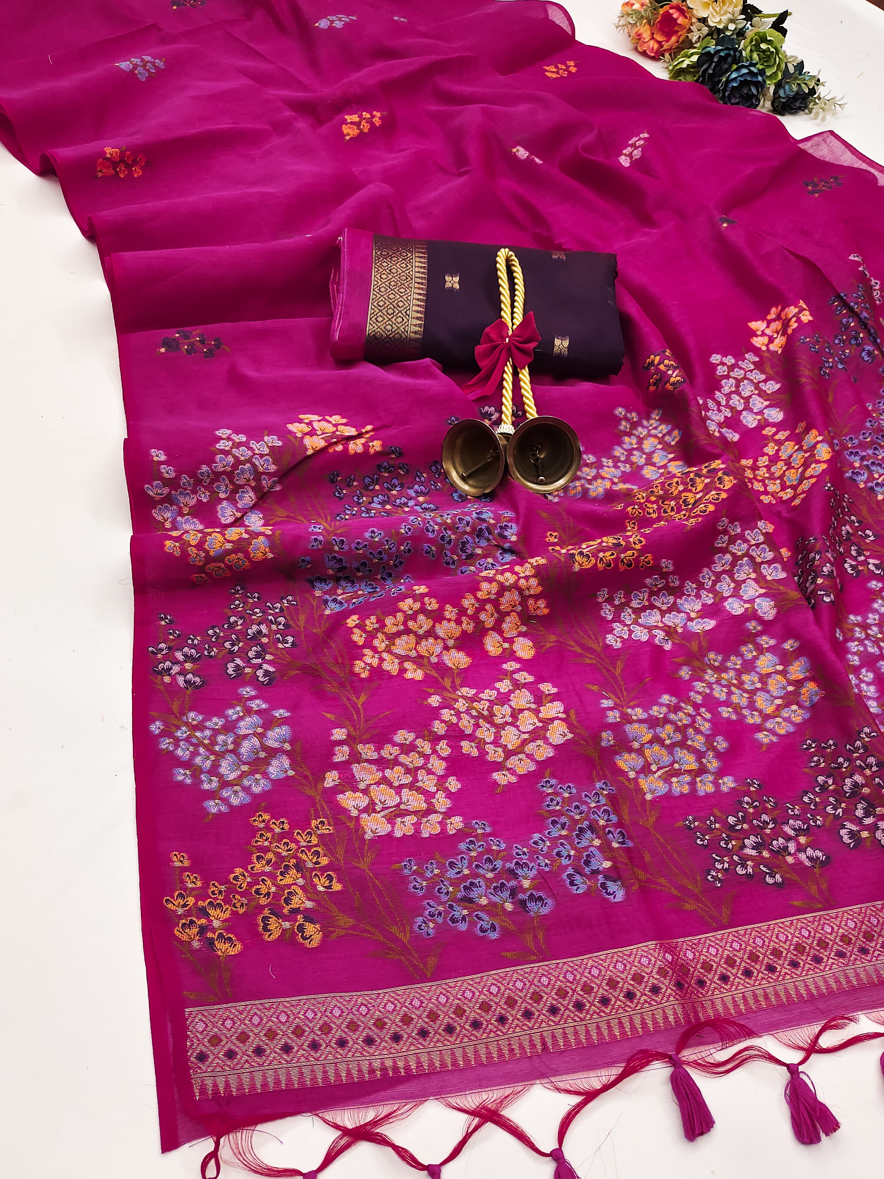 Hot Pink Handloom Cotton Soft Silk Saree With Blouse
