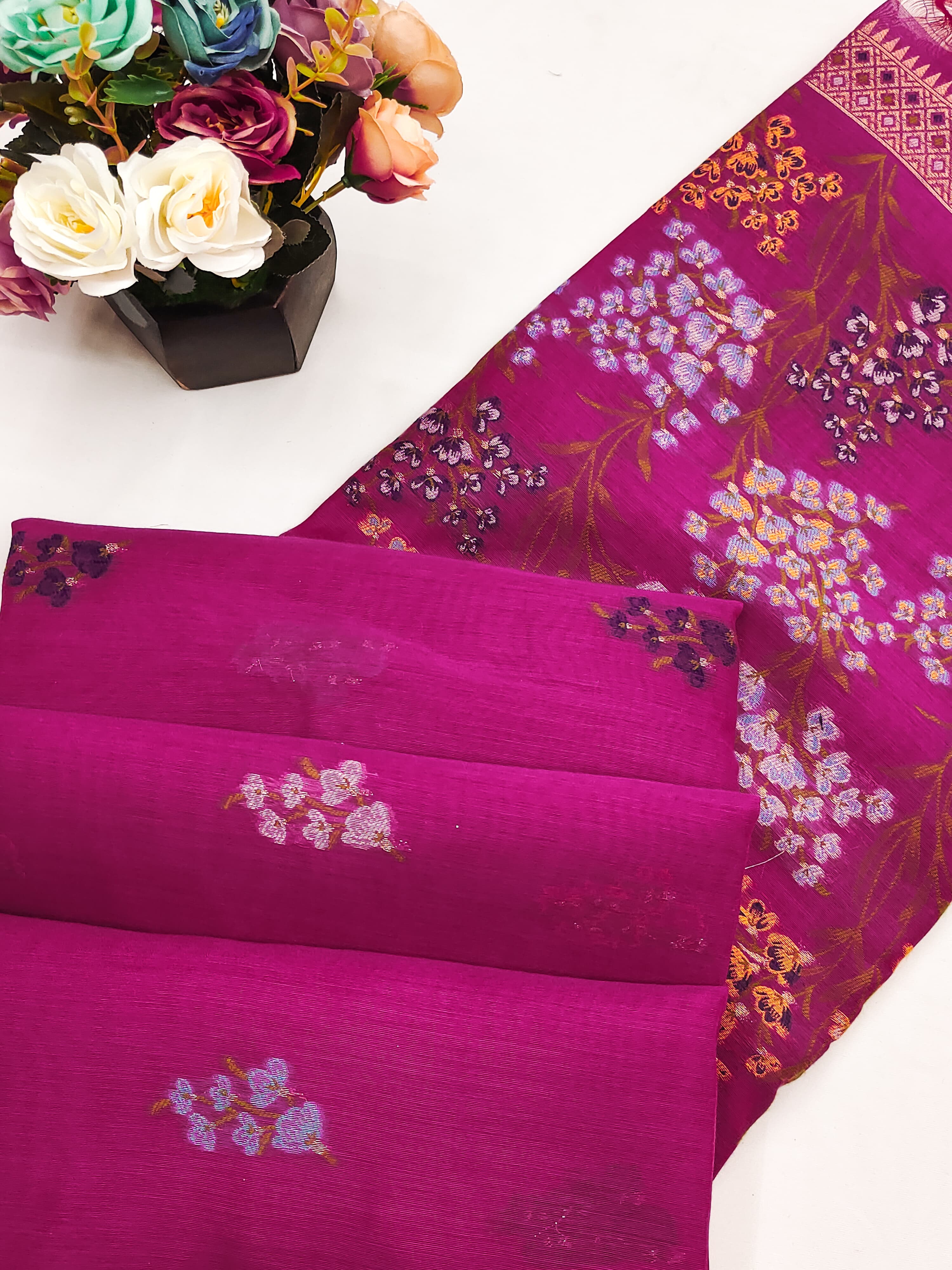 Hot Pink Handloom Cotton Soft Silk Saree With Blouse