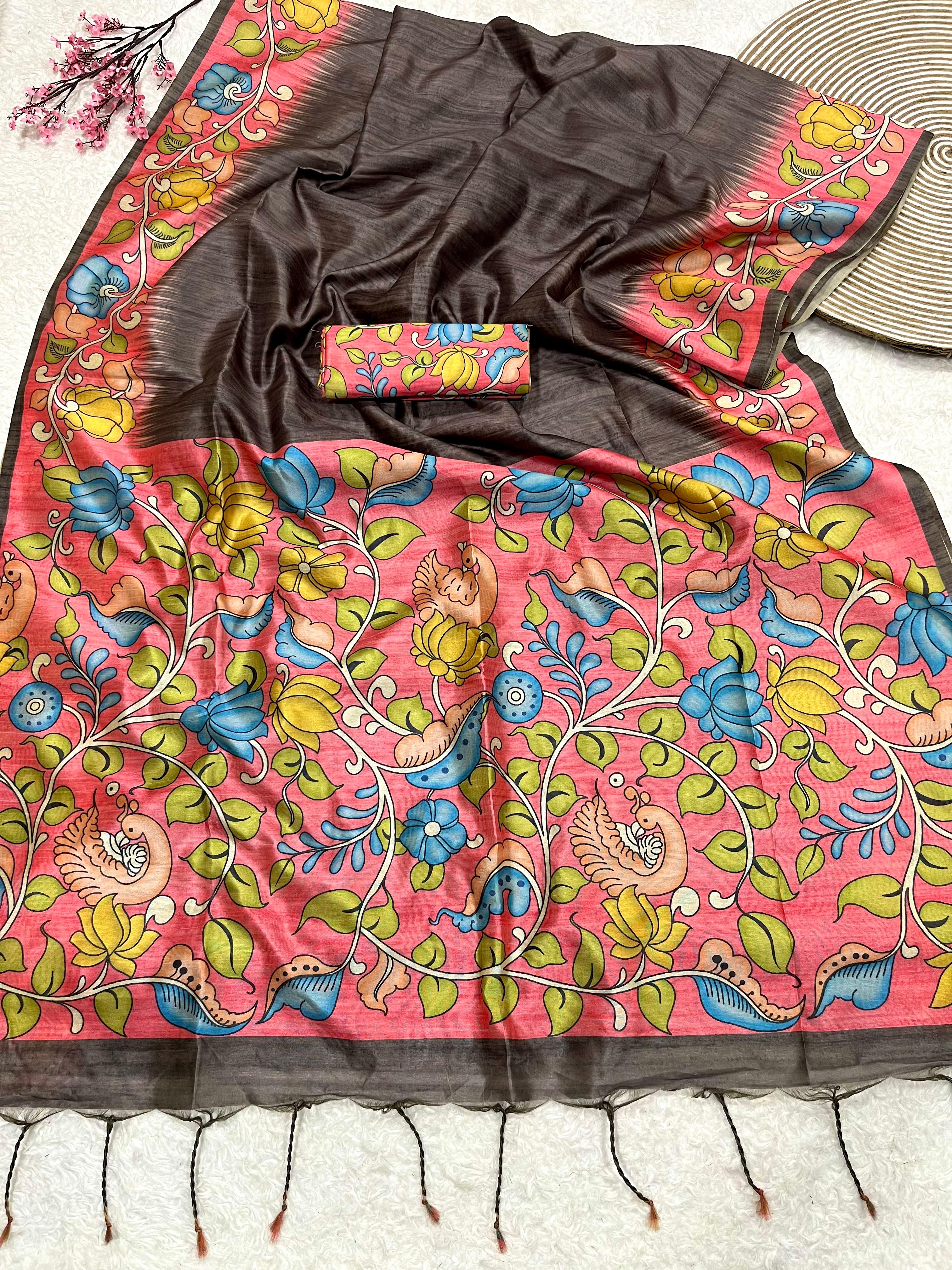 Cold Coffe Brown Tussar Silk Kalamkari Printed Saree With Blouse