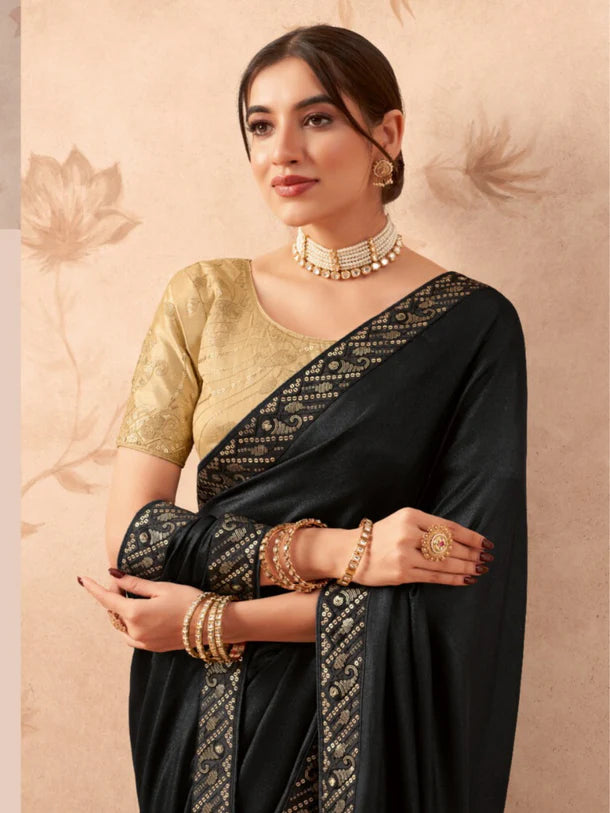 Gorgeous Black Fancy Embroidered Party Wear Saree