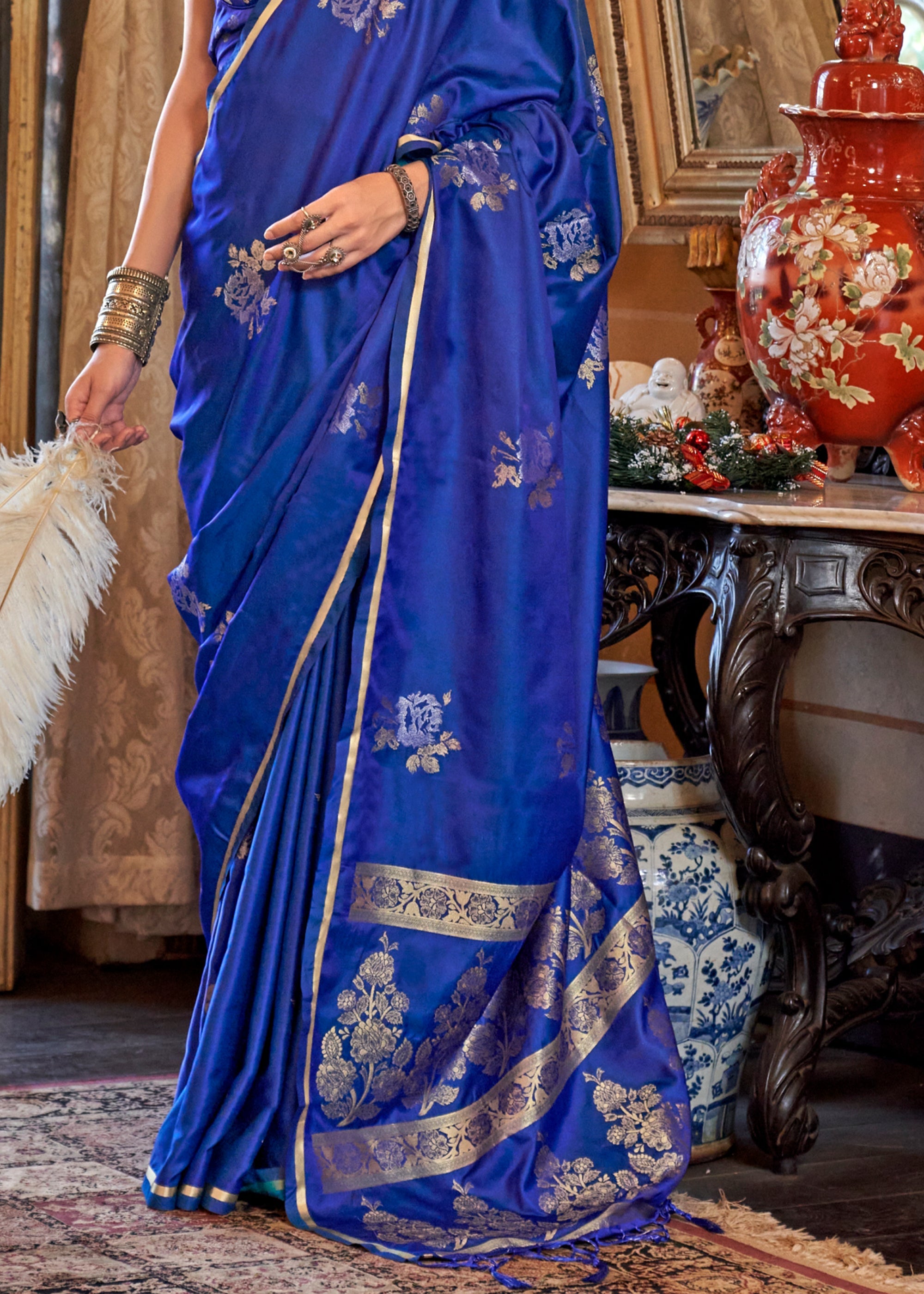 Nautical Blue Banarasi Satin Soft Silk Saree