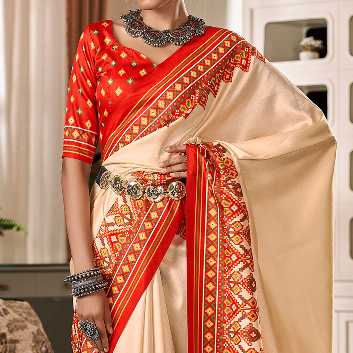 Red And Cream Tussar Patola Silk Saree