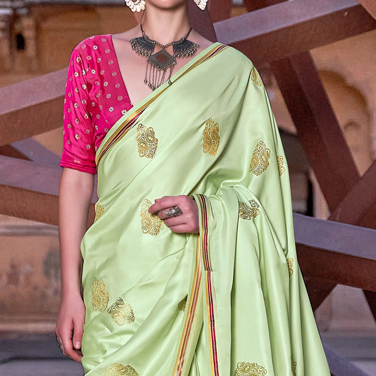 Green Satin Silk Saree With Tassels