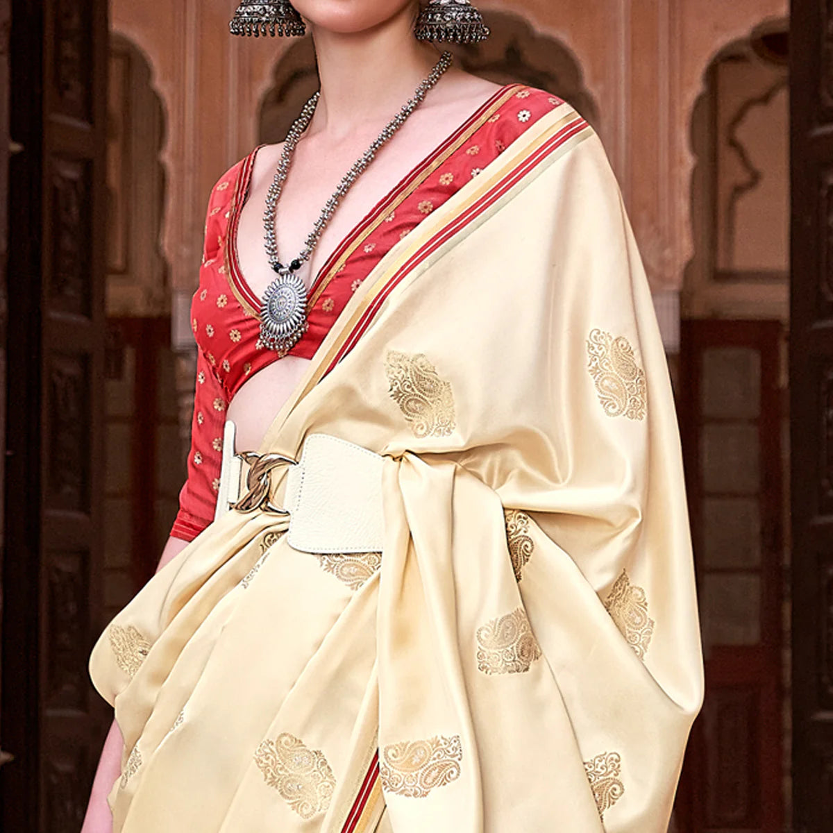 Cream Satin Silk Saree With Tassels