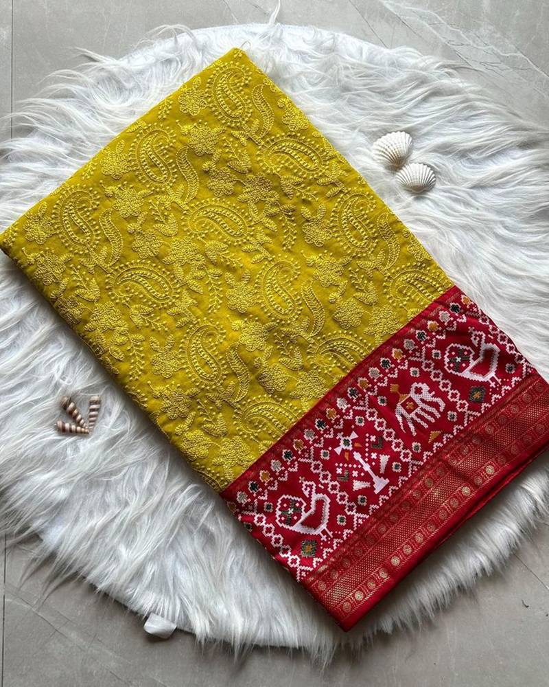 Musterd Yellow Embroidery Chikankari Patola Handloom Saree with Contrass Blouse