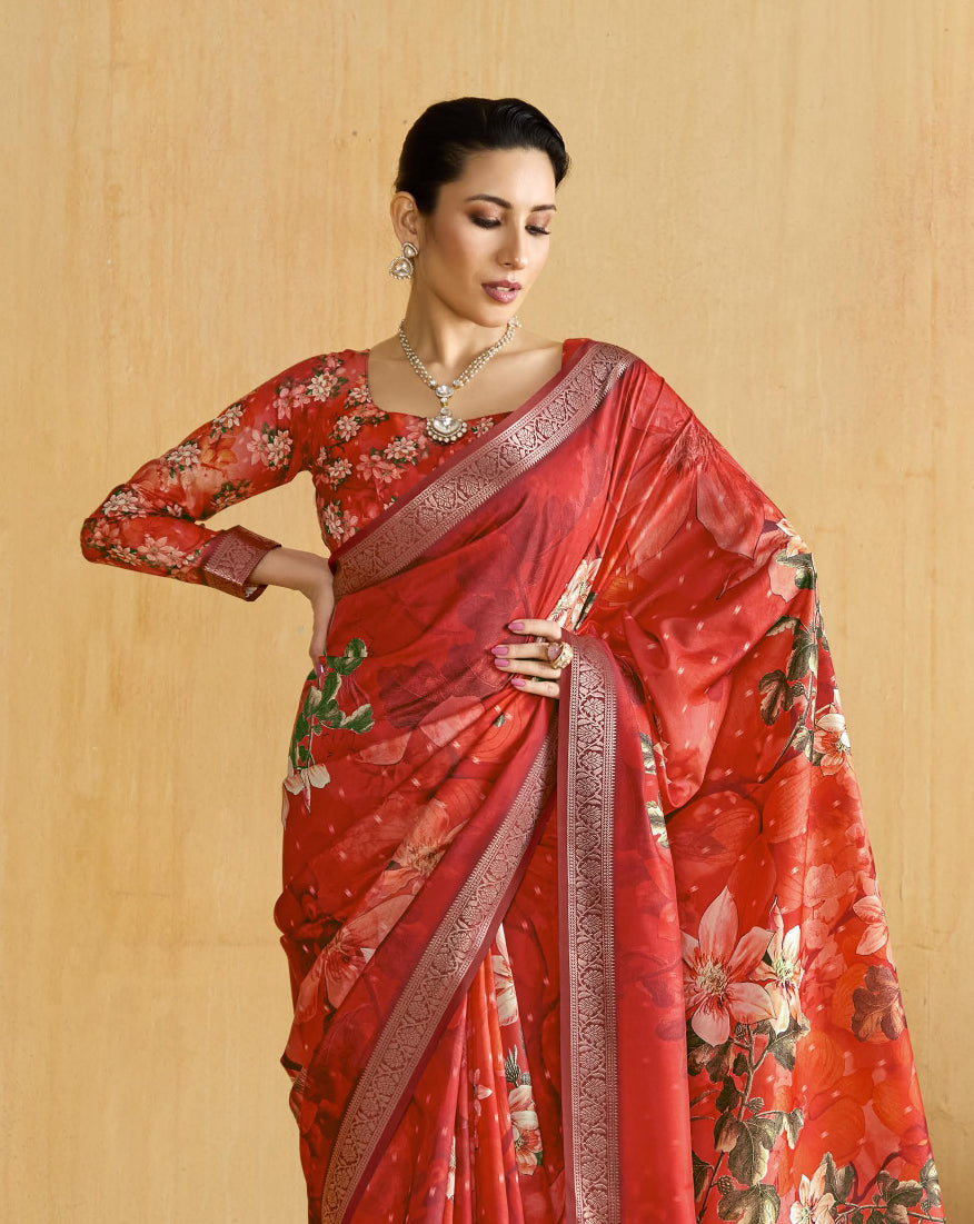 Red Flower Soft Silk Weaving Border Saree