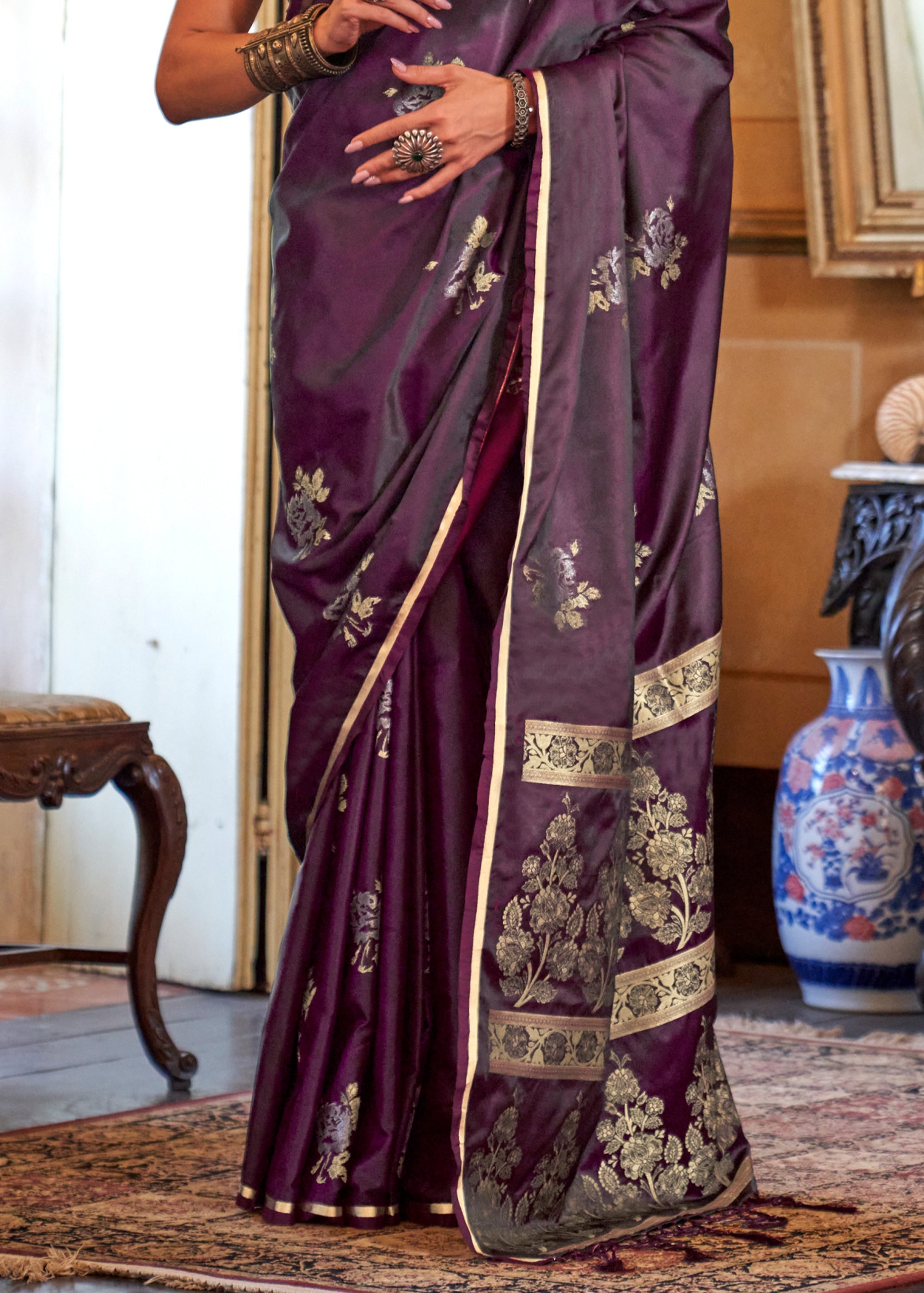 Dark Wine Banarasi Satin Soft Silk Saree