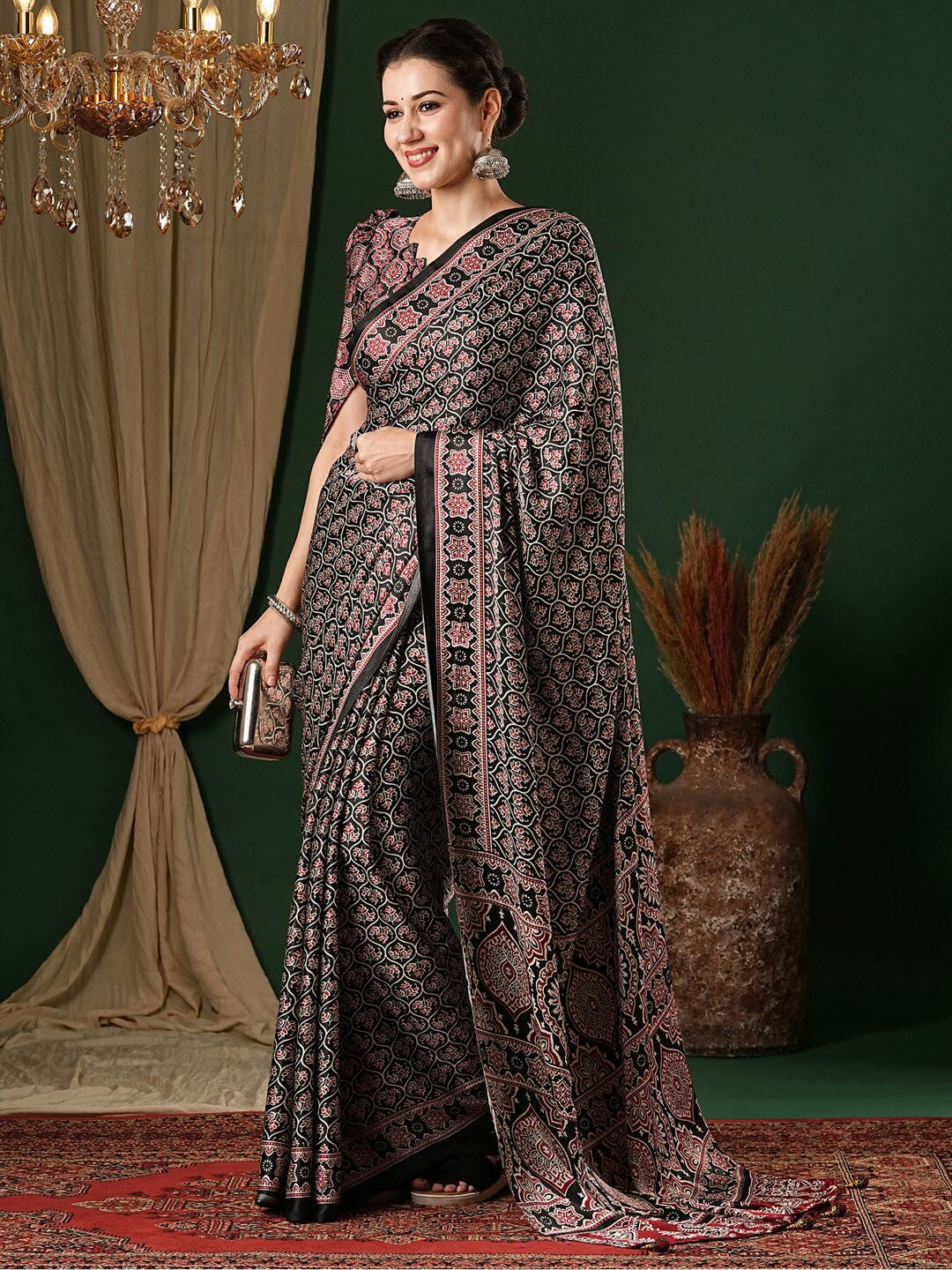 Black New Ajrakh Printed Satin Crepe Saree