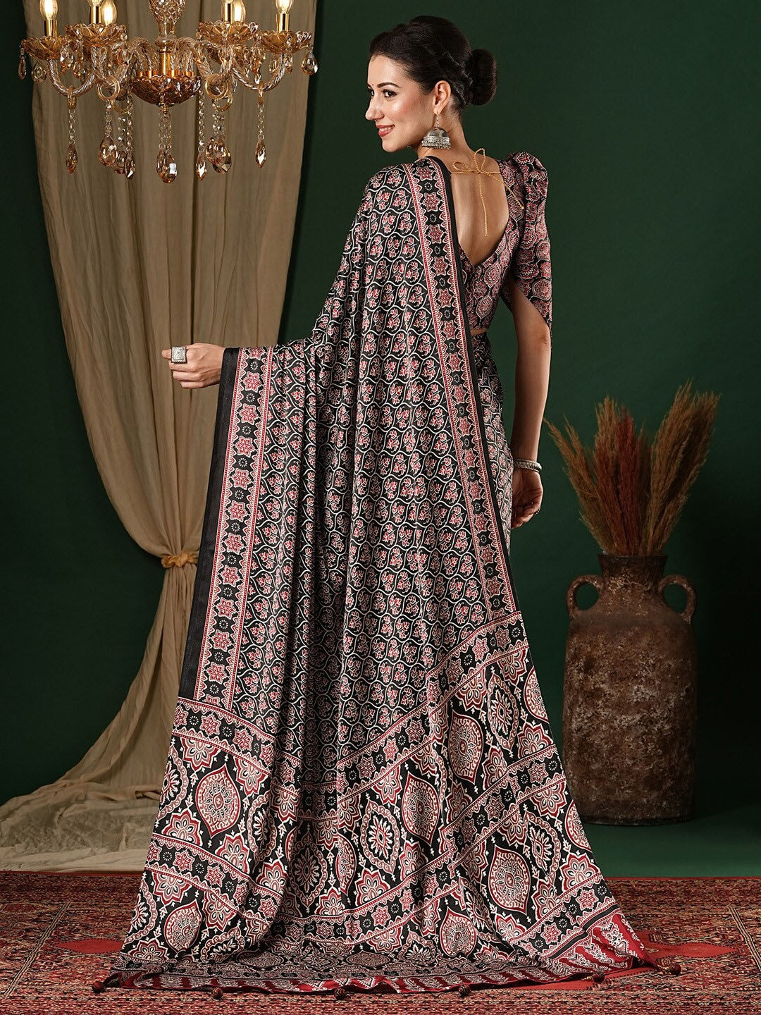 Black New Ajrakh Printed Satin Crepe Saree